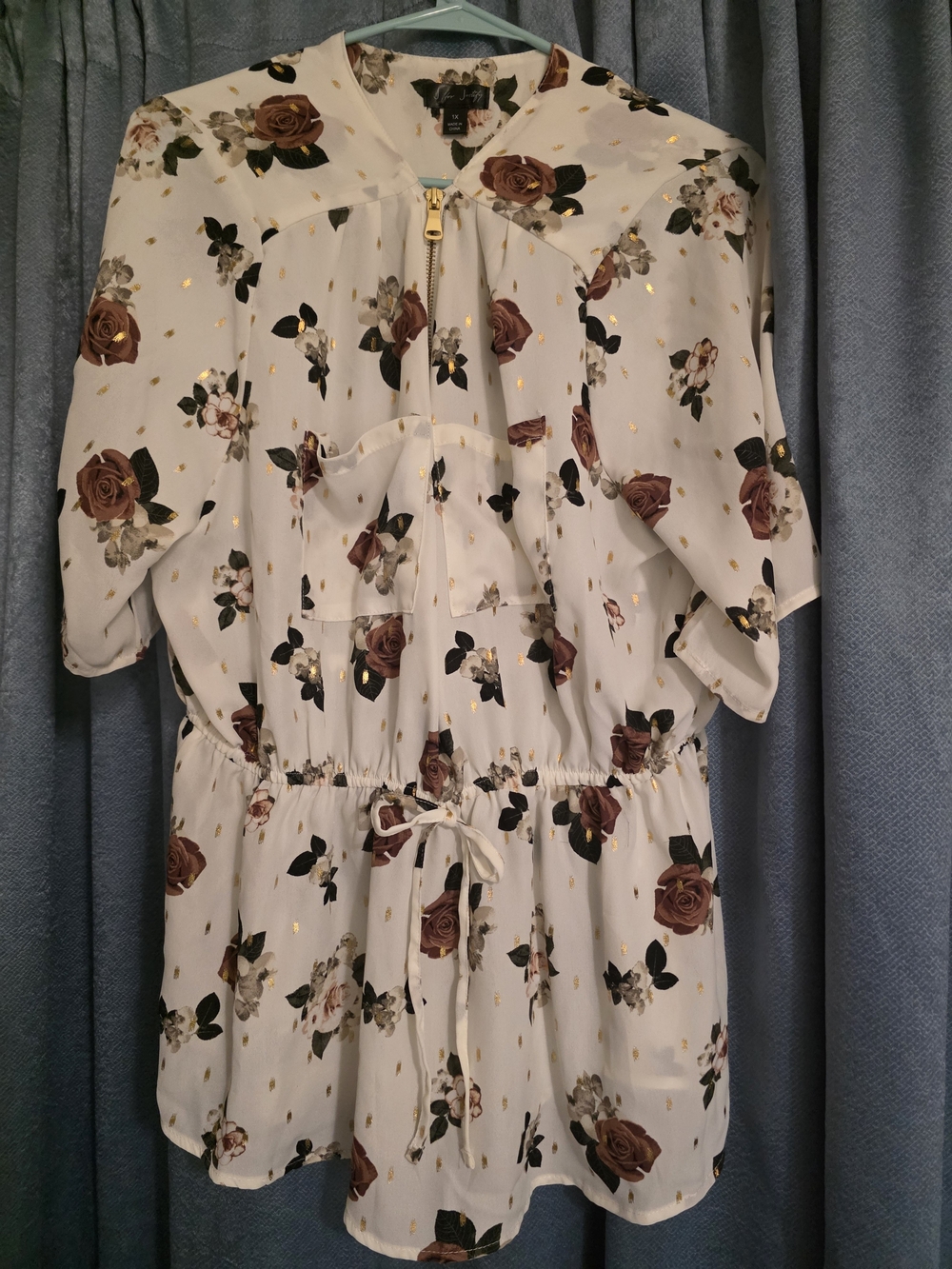 J for Justify Cream Floral Zip-Front Blouse with Gold Foil - Picture 3 of 3